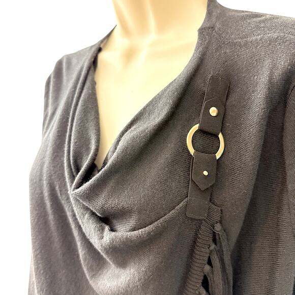 NWT INC Black Fringe Shawl Drape Front Top Long Sleeve Shoulder Buckle - Picture 5 of 16